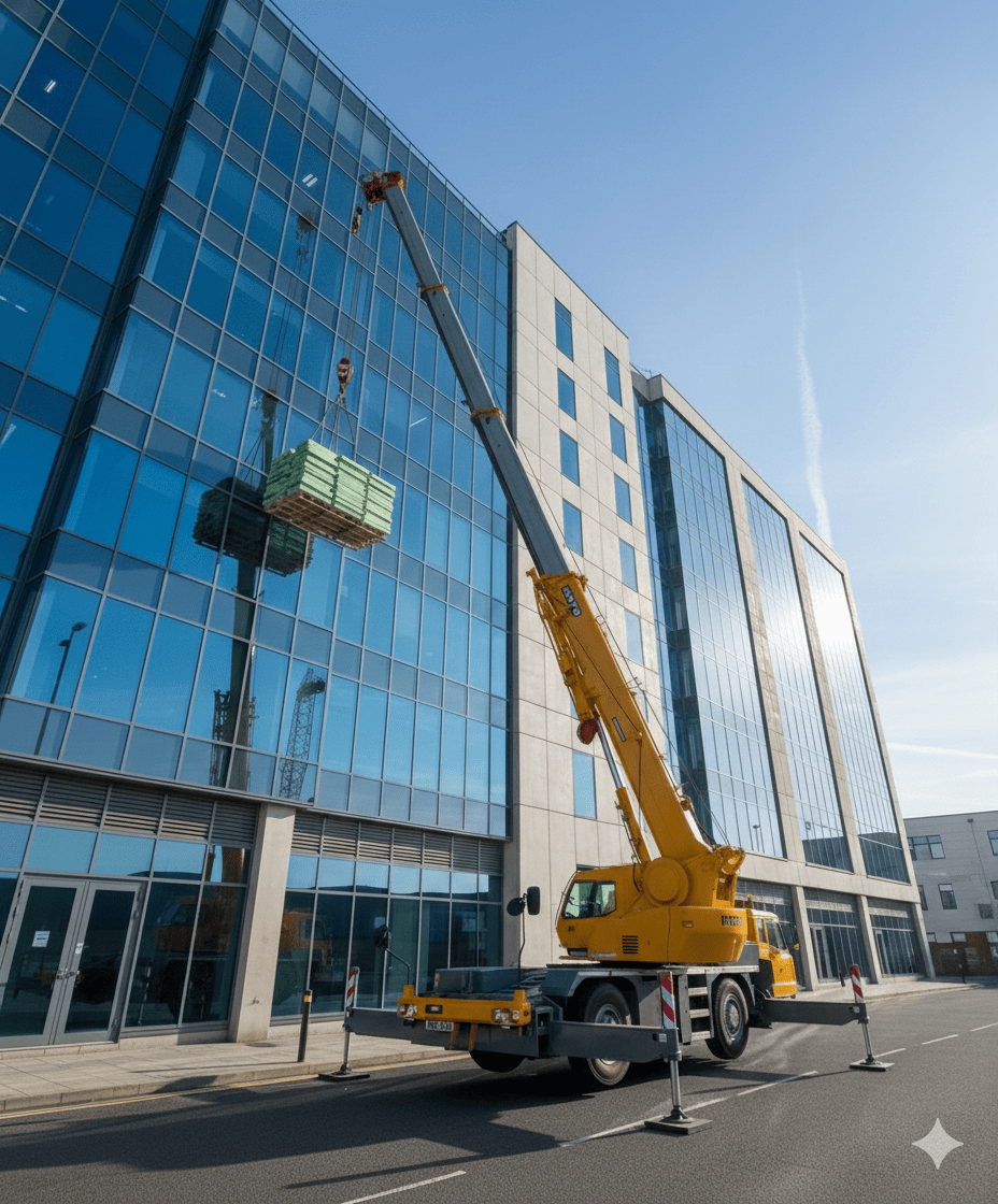Landscape view of a yellow mobile crane positioned on the street, with its long boom extended to lift construction materials to a very high, multi-story commercial building roof for a repair project.