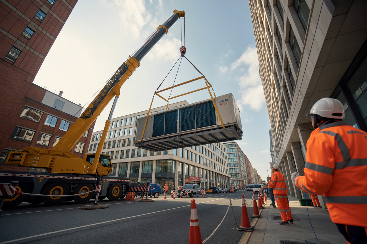contract hire essex a crane lifing a hvac unit on the roof