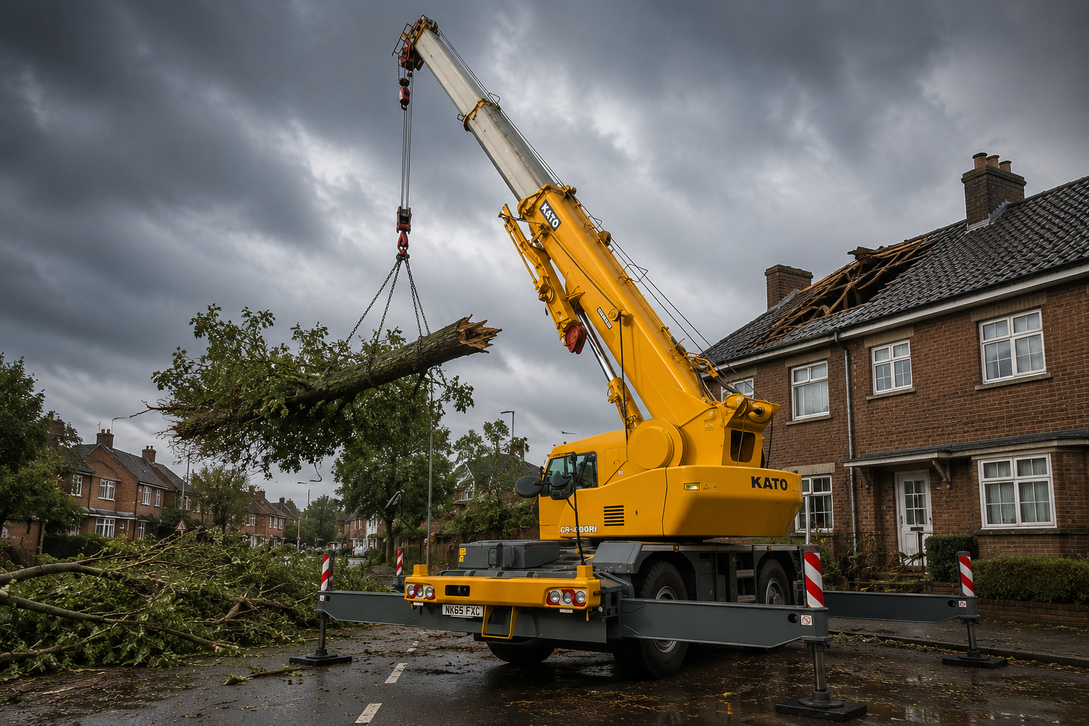 yellow KATO mobile crane removing storm-damaged tree from residential street in London
