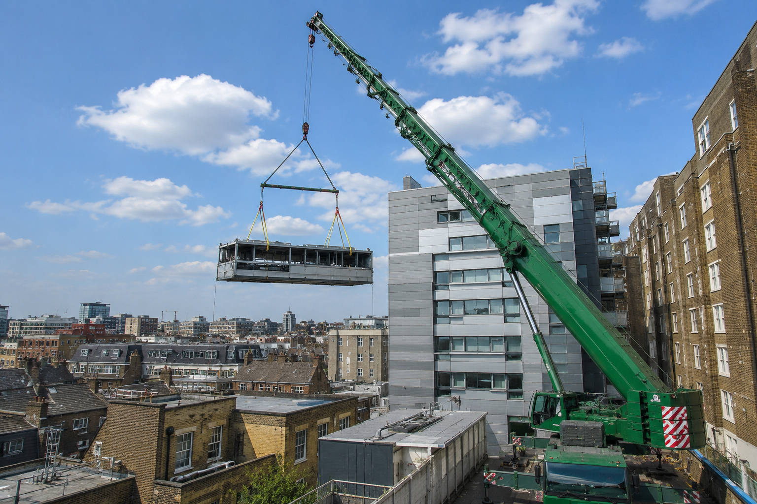 mobile crane lifting industrial equipment between buildings on a london construction site