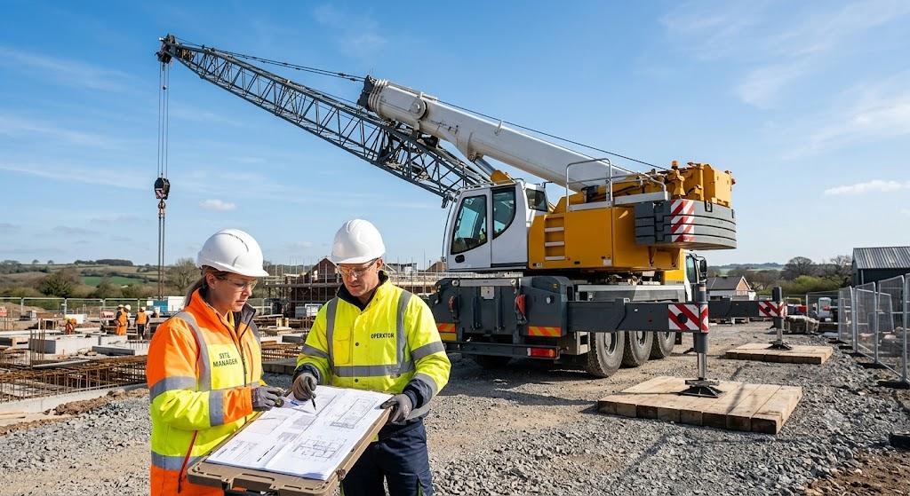 Site manager discussing crane hire requirements before a lifting operation. SEO-Friendly Image Filename